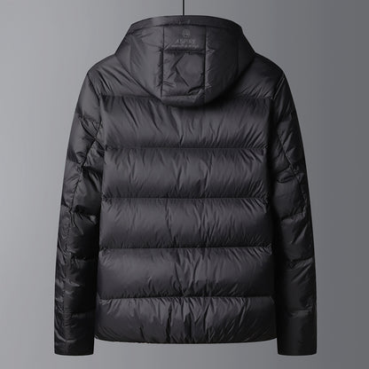 Warm men's down jacket with hood