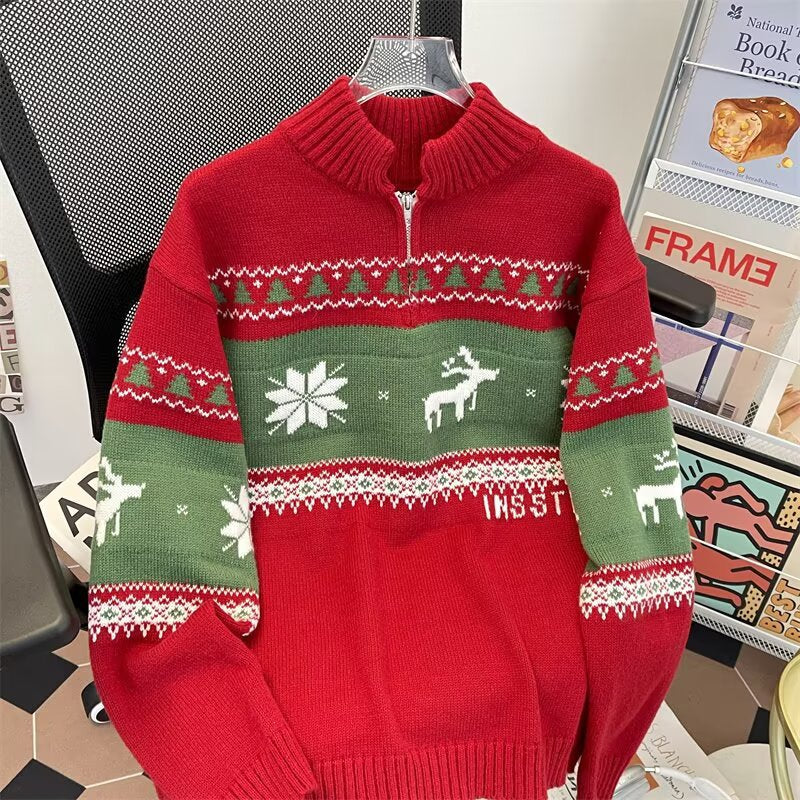 Knitted sweater with half zipper