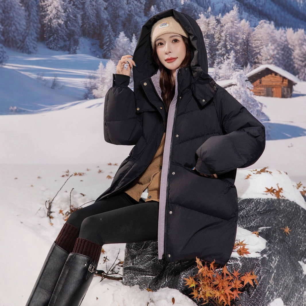 Women's down jacket, mid-length, with contrast design