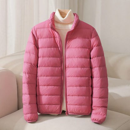 Short, lightweight women's down jacket, stand-up collar