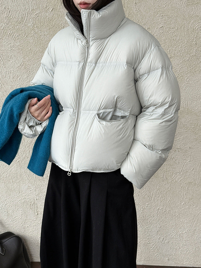 Women's down jacket with stand-up collar and white duck down filling