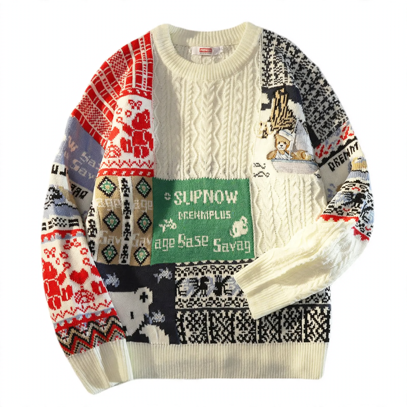 Knitted pullover with bear embroidery