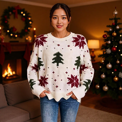 Women's knit sweater with round neck and floral pattern