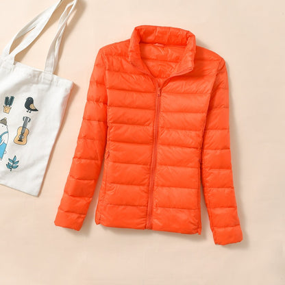 Women's down jacket, short, stand-up collar, fitted, with duck down