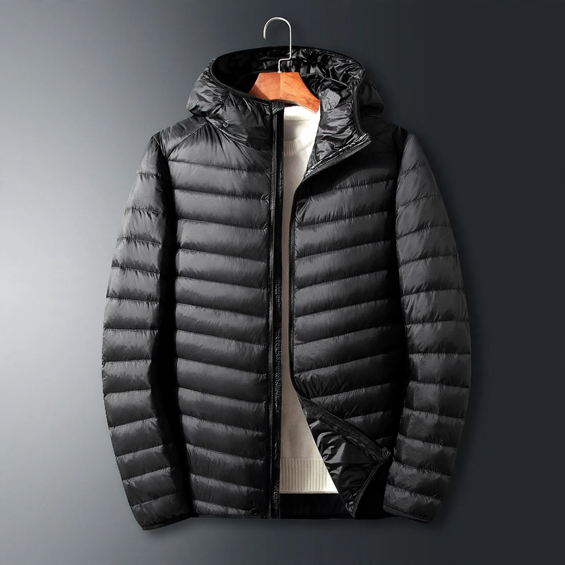 Lightweight men's down jacket with hood, white duck down lining