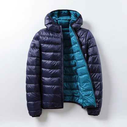 Reversible women's down jacket with hood, lightweight and short