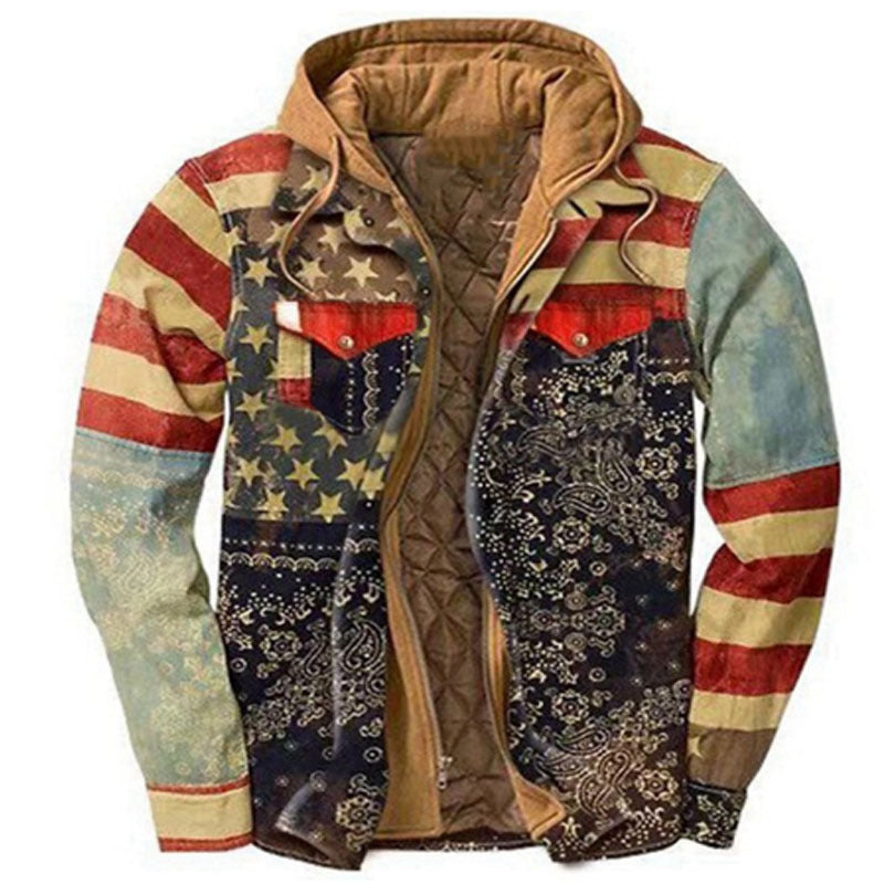 Men's shirt jacket, padded, checkered, with hood