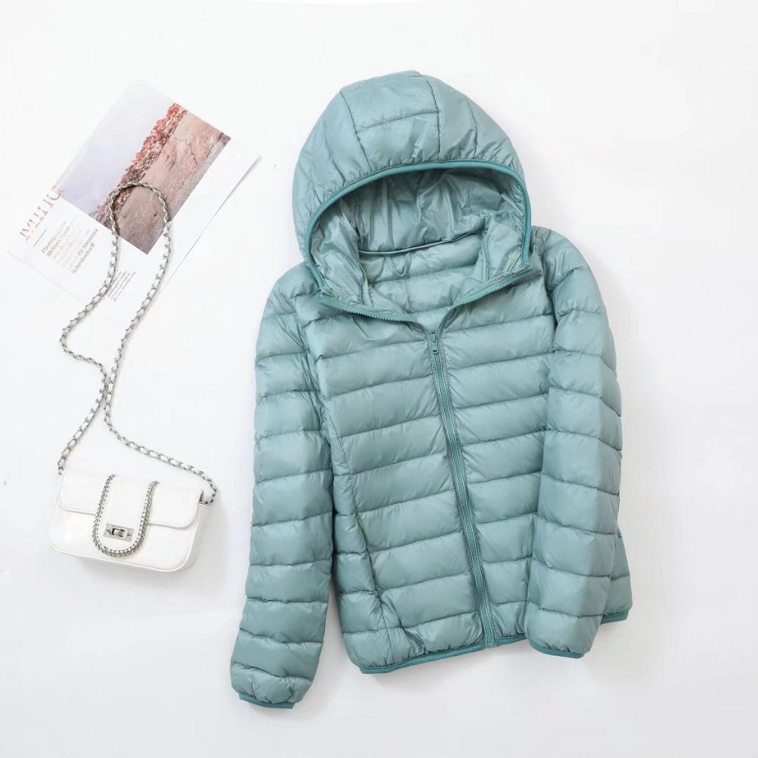 Light women's down jacket with stand-up collar