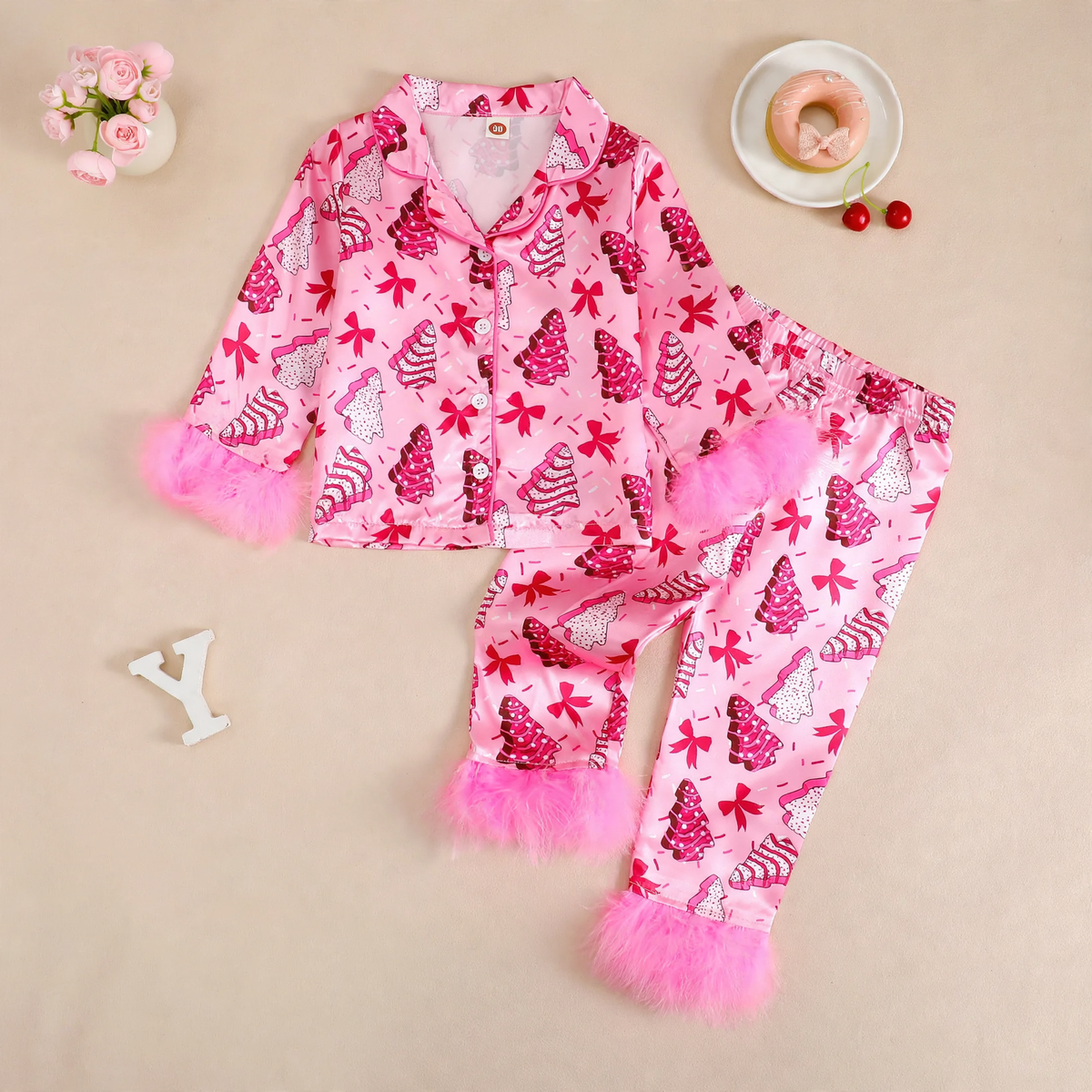 Girl's Pajama Set with Bow and Christmas Print