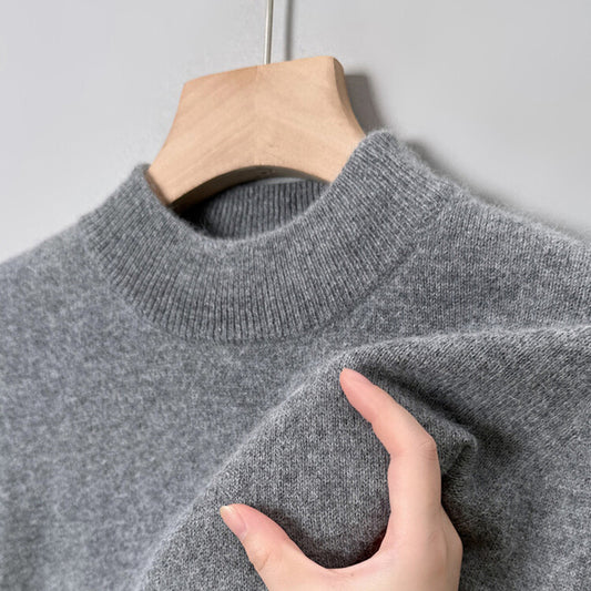 Men's wool pullover with stand-up collar, plain and warm