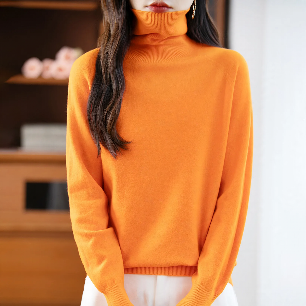 Ladies knit sweater with high collar, loose