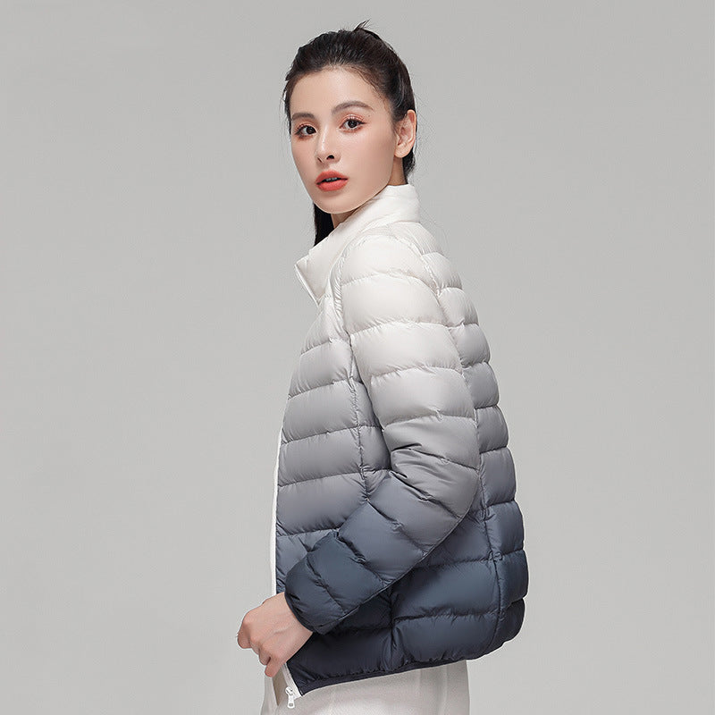 Women’s down jacket, short, with stand-up collar and gradient