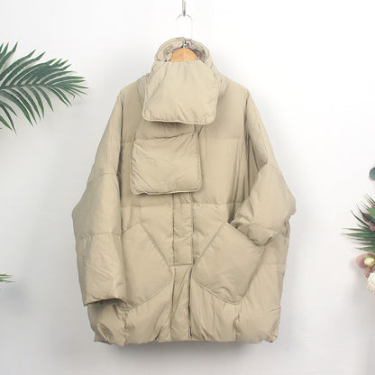 Women's down coat with scarf, medium length, loose fit