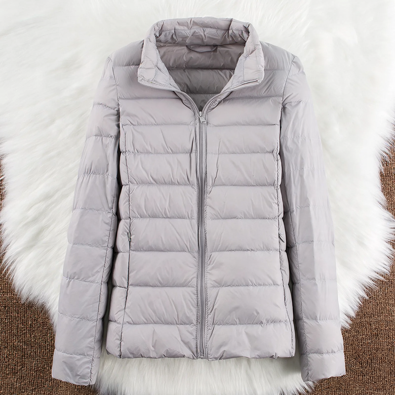 Light women's down jacket with hood and stand-up collar