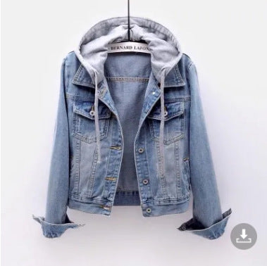 Padded women's jeans jacket with fur collar, short