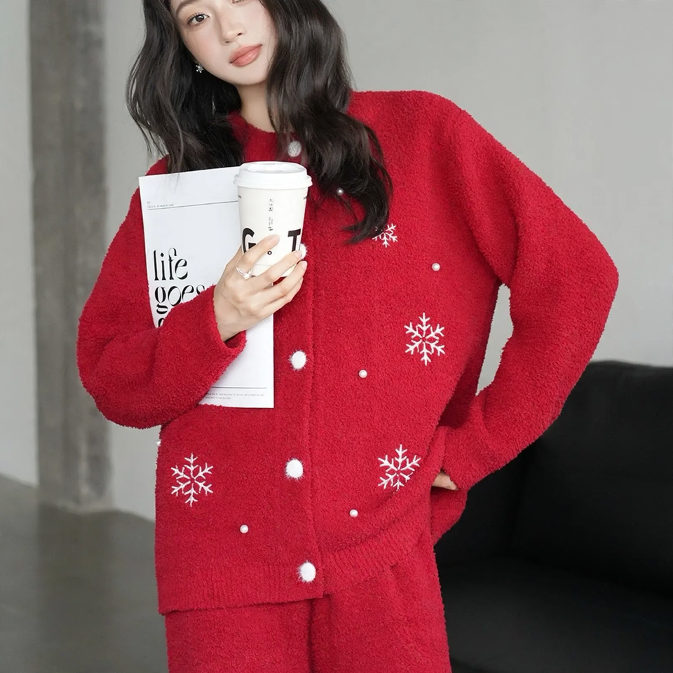 Soft Flannel House Suit Set, Red, Winter