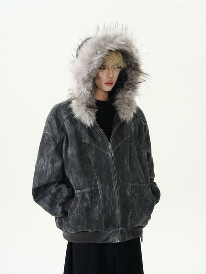 Padded men's winter jacket with hood and faux fur collar