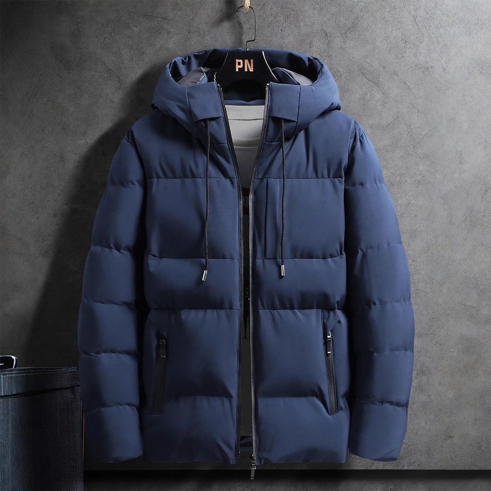 Padded men's winter jacket with hood, solid color