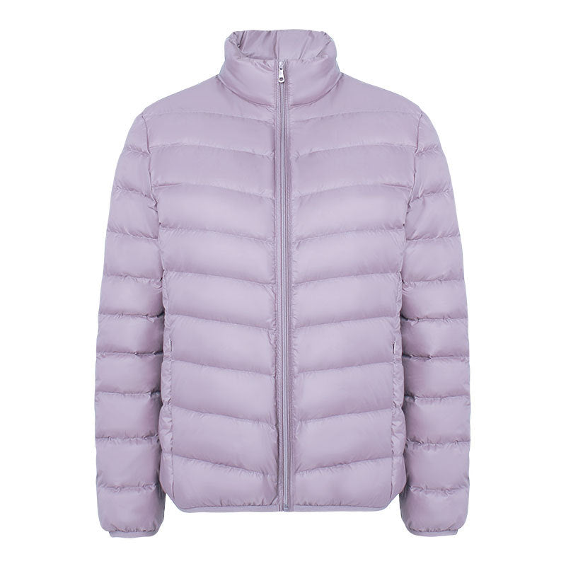 Light women's down jacket with stand-up collar