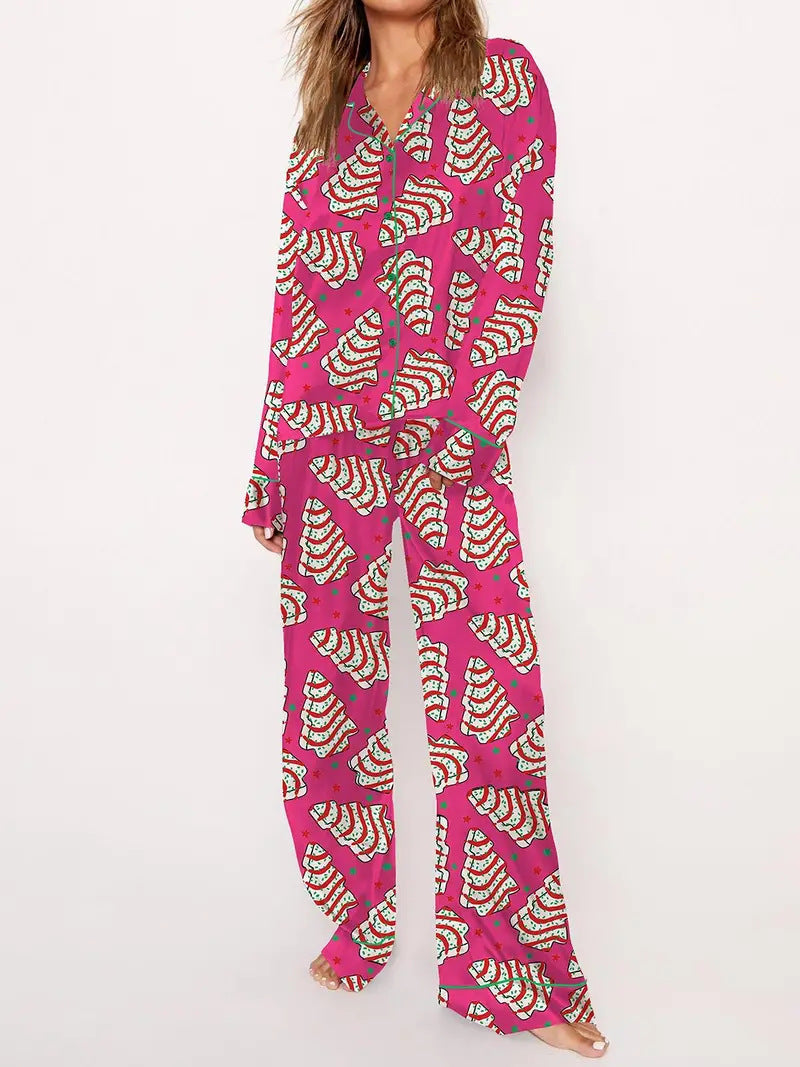Women's pajamas with Christmas tree print, long sleeve