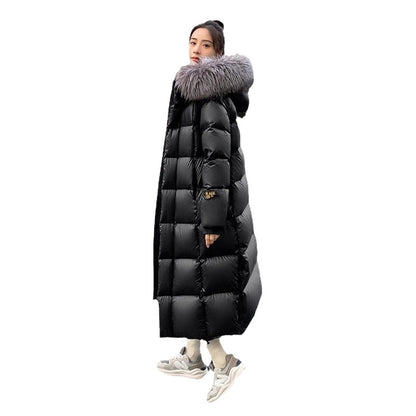 Long women's down coat with fox fur collar