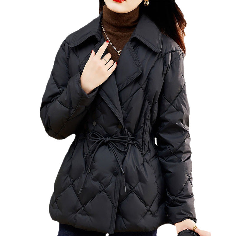Elegant down jacket with lapel collar and embroidery