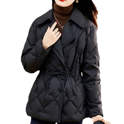 Elegant down jacket with lapel collar and embroidery