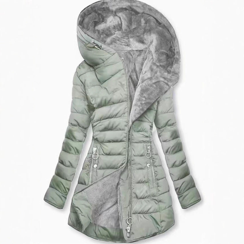Women's quilted coat, tailored, with hood, medium length