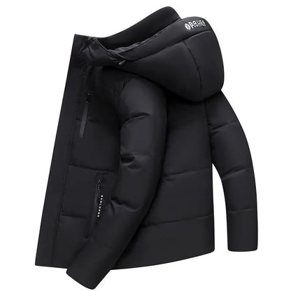 Short men's down jacket with detachable hood
