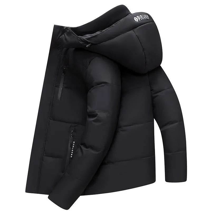 Short men's down jacket with removable hood