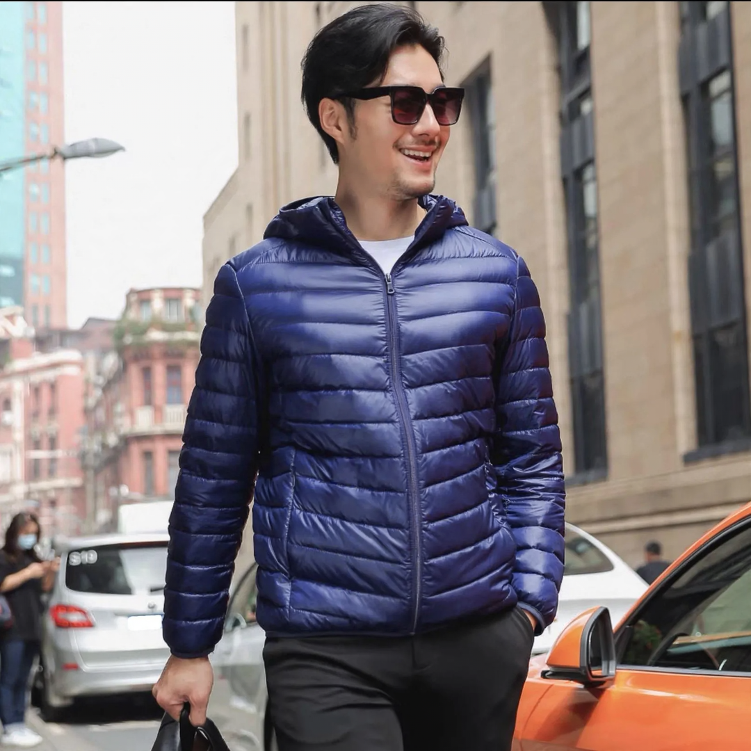 Men's down jacket, short, slim fit, with white duck down