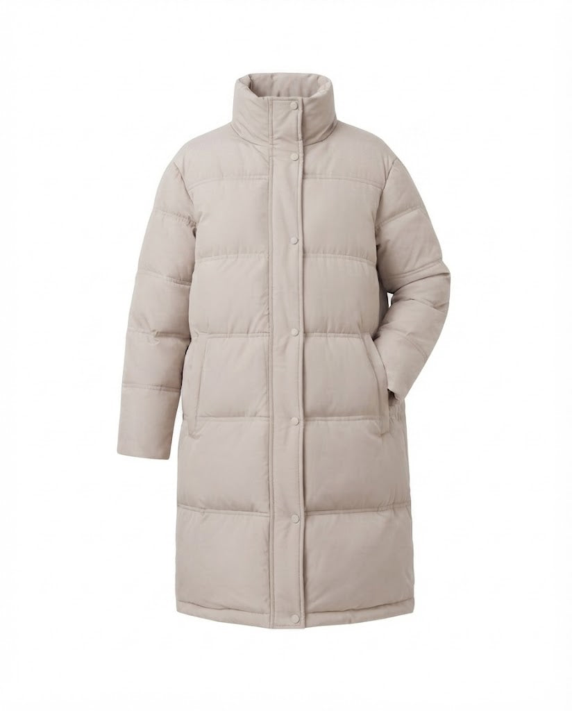 Ladies long-cut quilted thermal coat with hood, two-way zipper and side zip vents