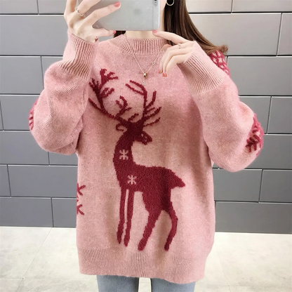 Christmas knitted sweater with reindeer motif, stand-up collar