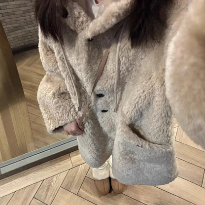 Lamb fleece coat with hood, lined, mid-length