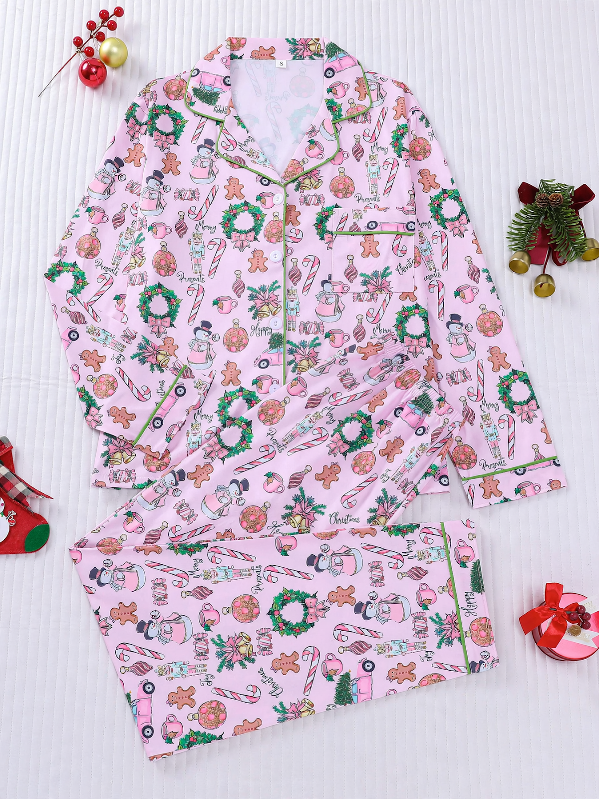 Women’s Pajama Set, Long Sleeve, Christmas Motif, Notched Collar