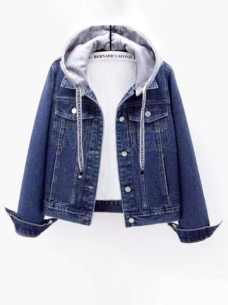 Padded women's denim jacket with detachable hood
