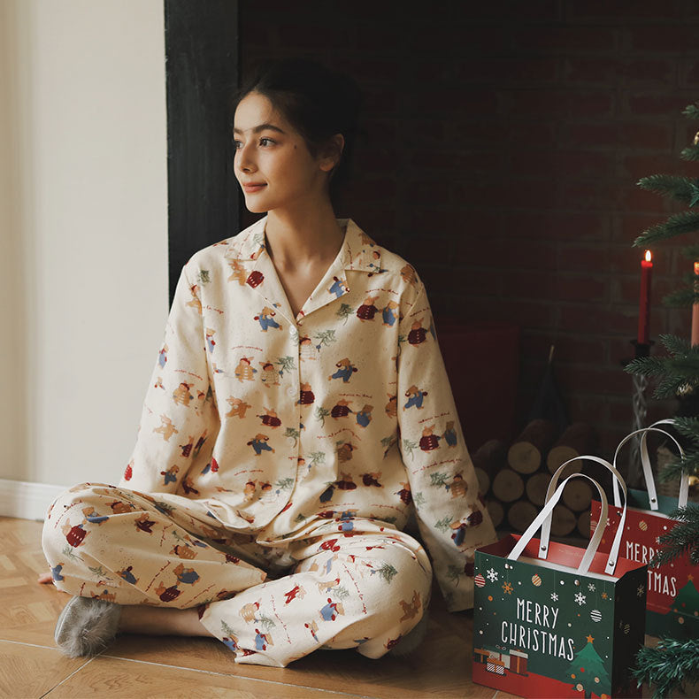 Women's Pajama Set, Cotton, Brushed, Christmas Bunny Print