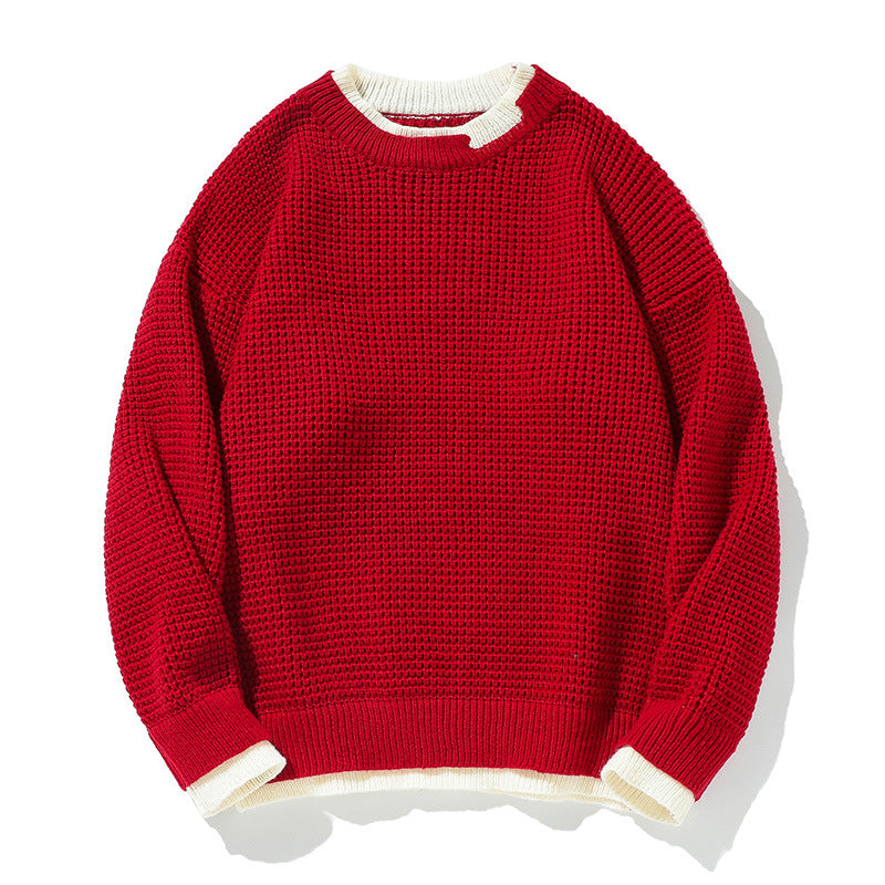 Men's knit sweater with Henley neckline, red