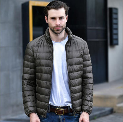 Light men’s down jacket, stand-up collar, slim fit