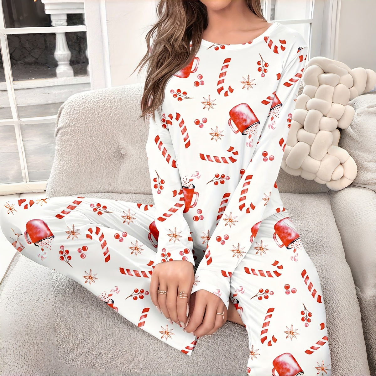 Women's Pajama Set, Long Sleeve, Christmas Design, Round Neck