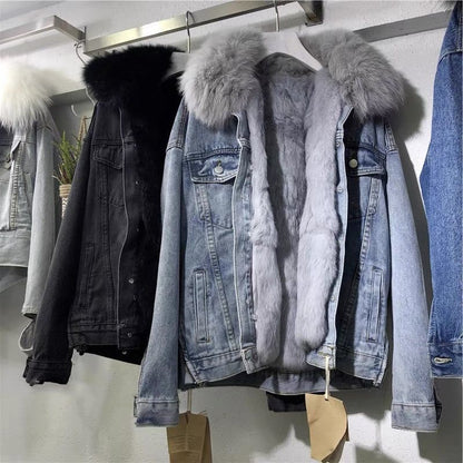 Padded denim jacket for women, short, with faux fur collar