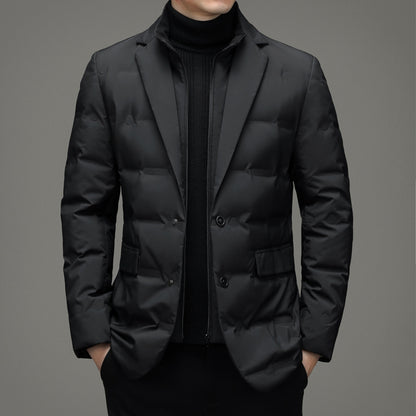 Men's down jacket, blazer style, detachable stand-up collar