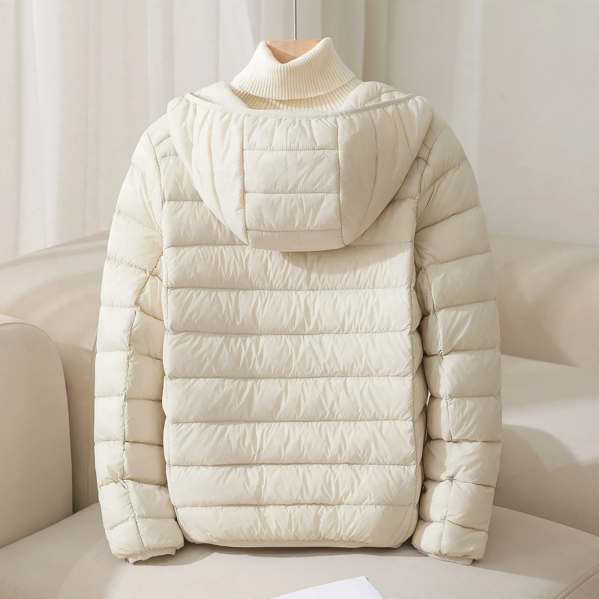 Light women's down jacket, short, with hood