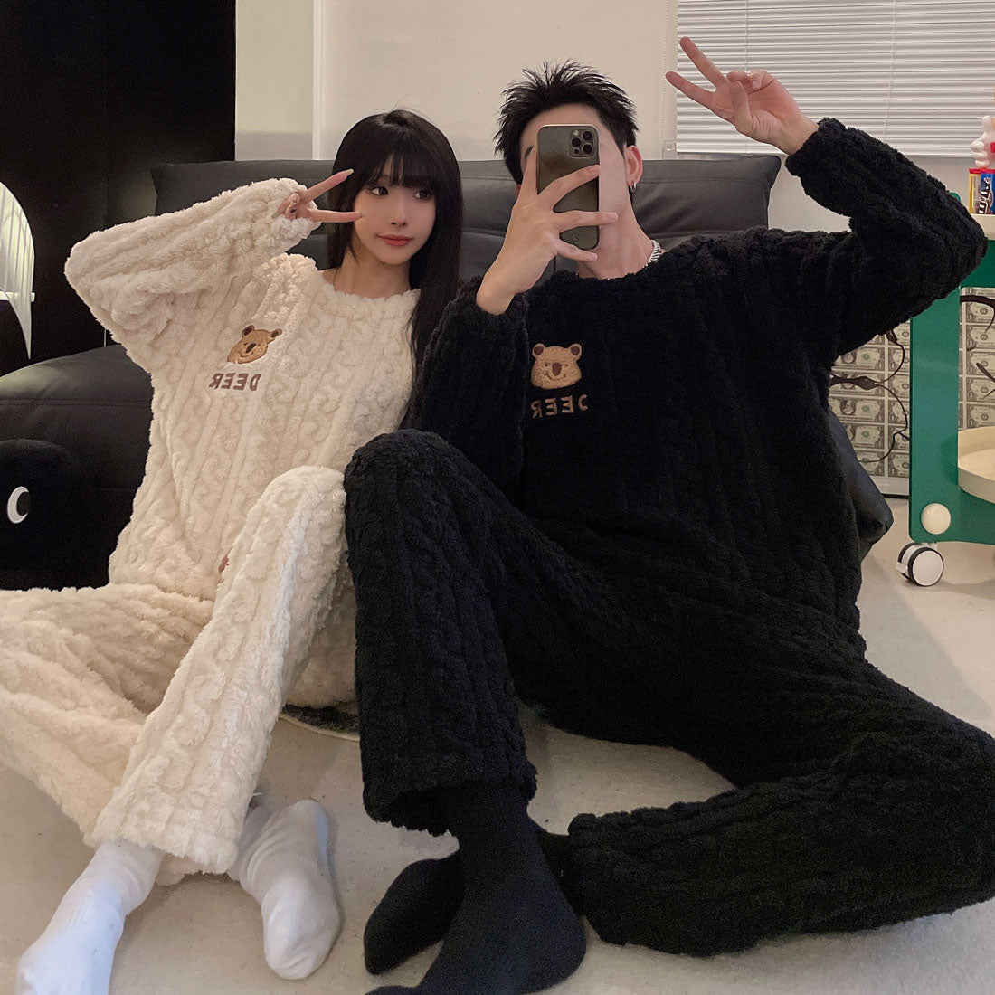 Padded flannel loungewear for couples, with zipper