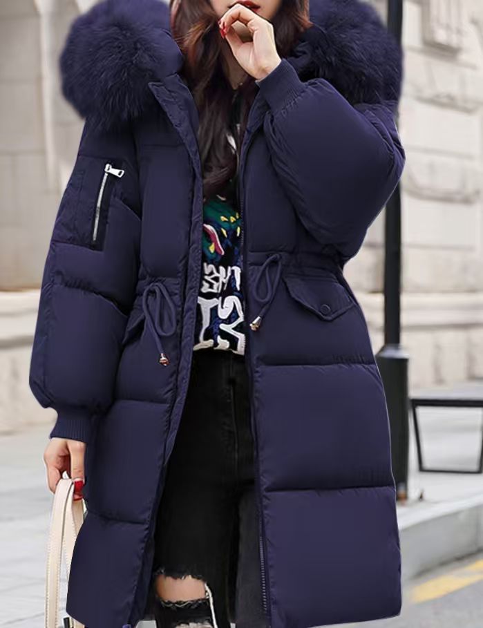 Padded women's winter jacket, mid-length, with fur collar
