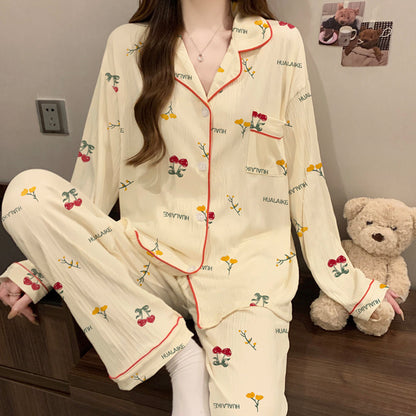 Women's Pajama Set, long-sleeved, with button placket and reindeer print