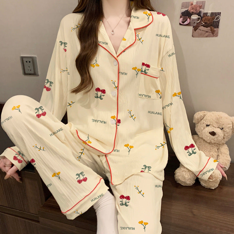 Women’s Pajama Set, long-sleeved, with button placket and reindeer print