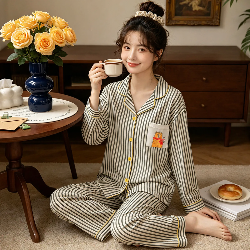 Ladies' Pajamas, checked, Long sleeve, Cotton imitation