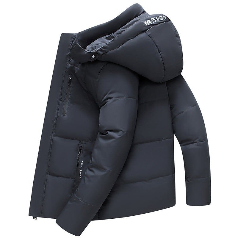 Short men's down jacket with removable hood