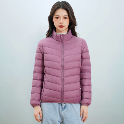 Light women's down jacket with stand-up collar